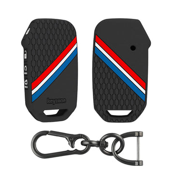 Keyzone striped silicone key cover & keychain for Kia Seltos, Sonet 2023 onwards 4 button smart key (KZS-21, ZincAlloy)