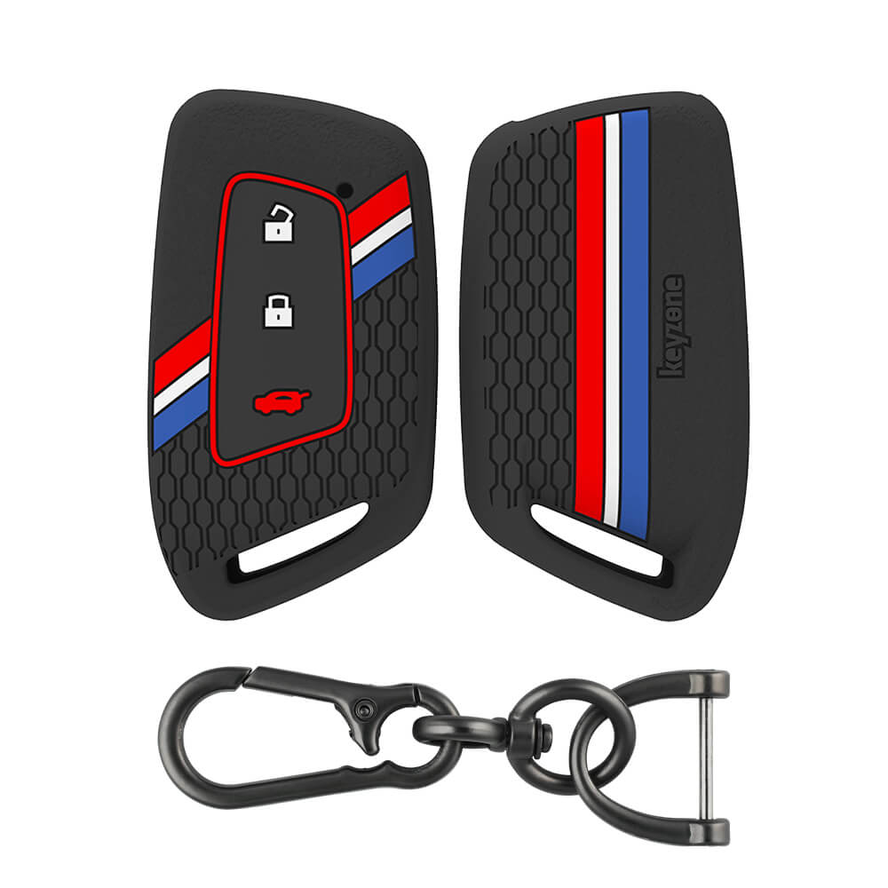 Keyzone striped silicone key cover & keychain for MG Hector 3 button smart key (KZS-24, ZincAlloy)