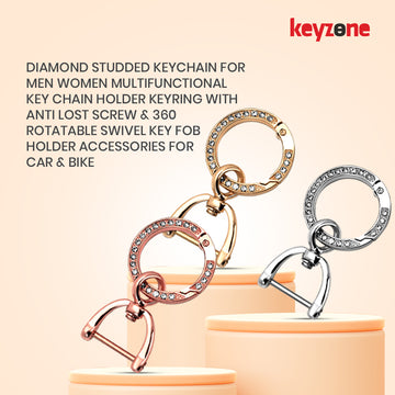 Keycare® Diamond Studded Keychain Men Women Multifunctional Key Chain Holder Keyring with Anti Lost Screw & 360 Rotatable Swivel Key Fob Holder Accessories for Car & Bike