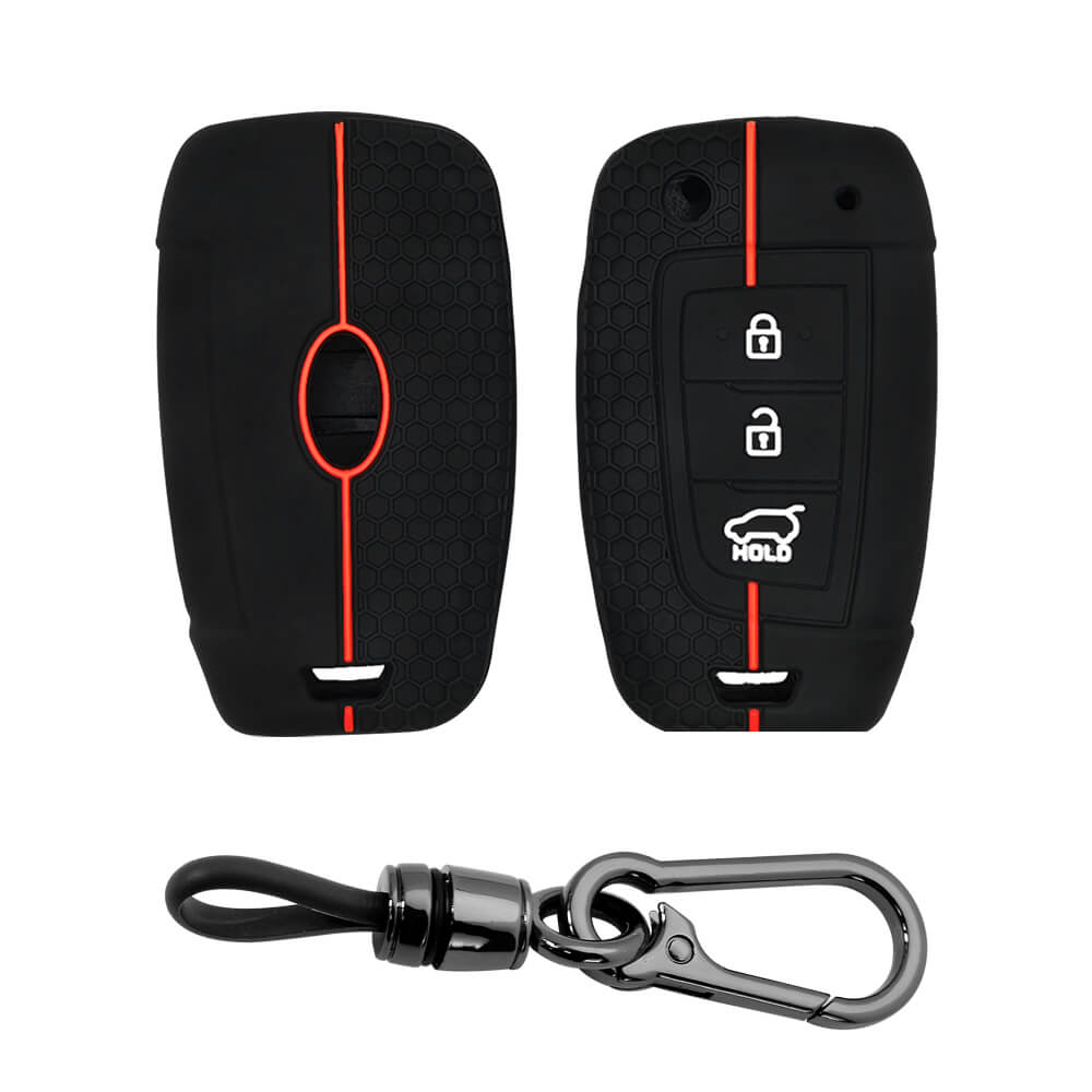 Keyzone silicone key cover and keychain for i20, Kona, Verna 2018 Onwards 3 button flip key (NKZ43, Domi)