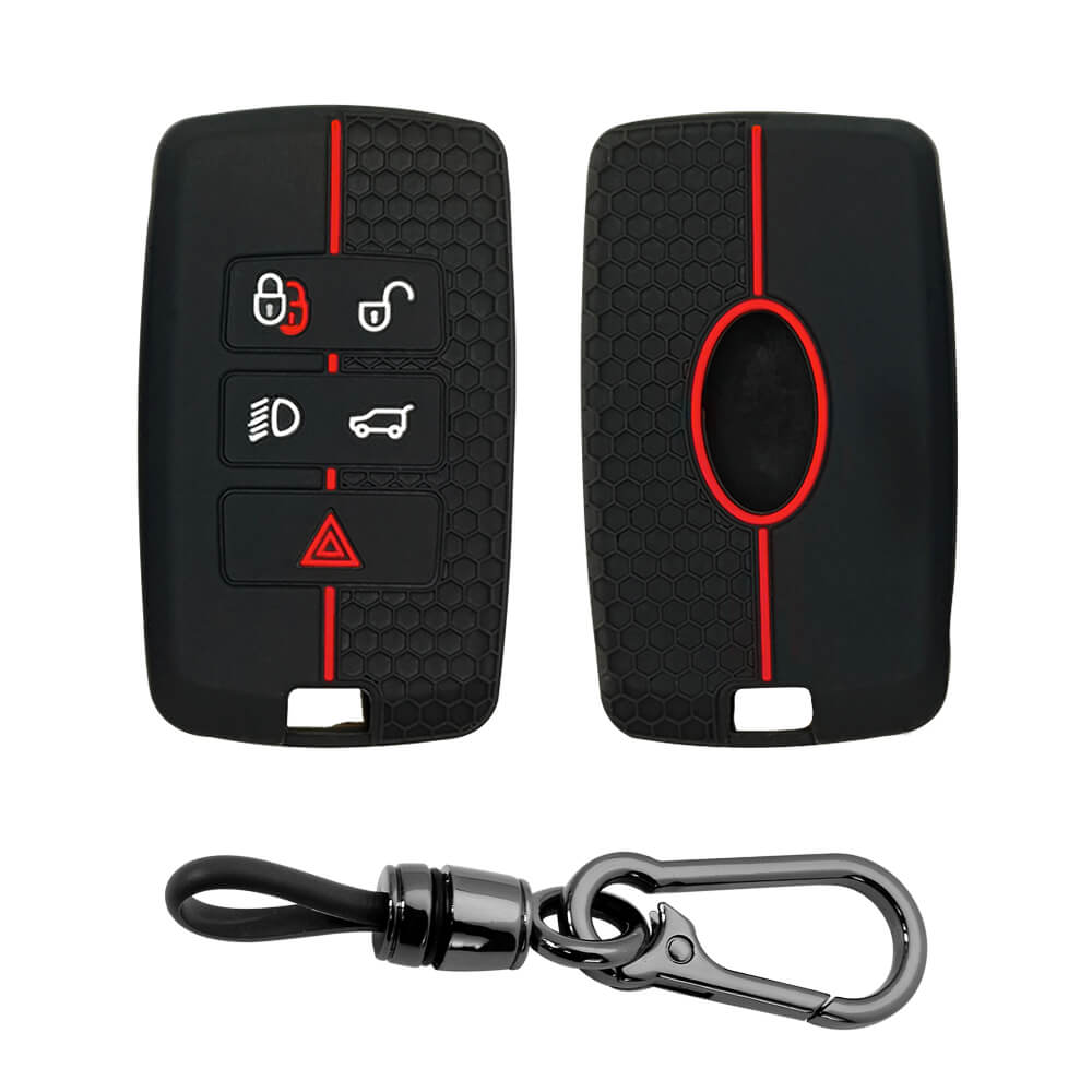 Keyzone silicone key cover and keychain for Sport, Evoque, Velar, Discovery, Defender (2018, 2019, 2020, 2021) 5 Button Smart Key (NKZ73, Domi)