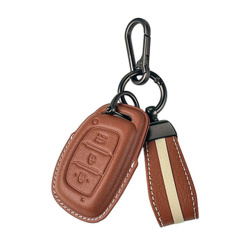 Keyzone royal leather key cover for i20, Creta, Venue, Tucson, Alcazar, Verna, Xcent, Aura, Elantra 3 button smart key (RL07)