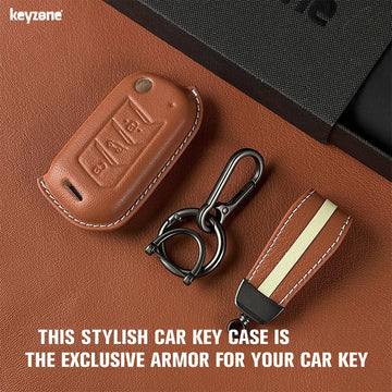 Keyzone royal leather key cover for Thar Roxx, Thar, Bolero, Scorpio, XUV700, XUV400, XUV3x0, XUV300, TUV300, Marazzo 3 button flip key (RL09)