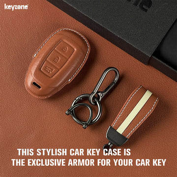 Keyzone royal leather key cover for i20, Kona, Verna 2018 onwards 3 button smart key (RL41)