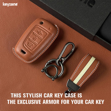 Keyzone royal leather key cover for i20, Kona, Verna 2018 onwards 3 button flip key (RL43)