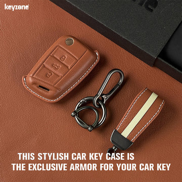 Keyzone royal leather key cover for Virtus, Kylaq, Slavia, Kodiaq, Kushaq, Taigun, Tiguan, Octavia, Jetta, Superb, Karoq, T-Roc flip key (RL44)