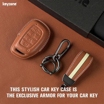 Keyzone royal leather key cover for Alcazar, Creta 2021 onwards 4 button smart key (RL67)