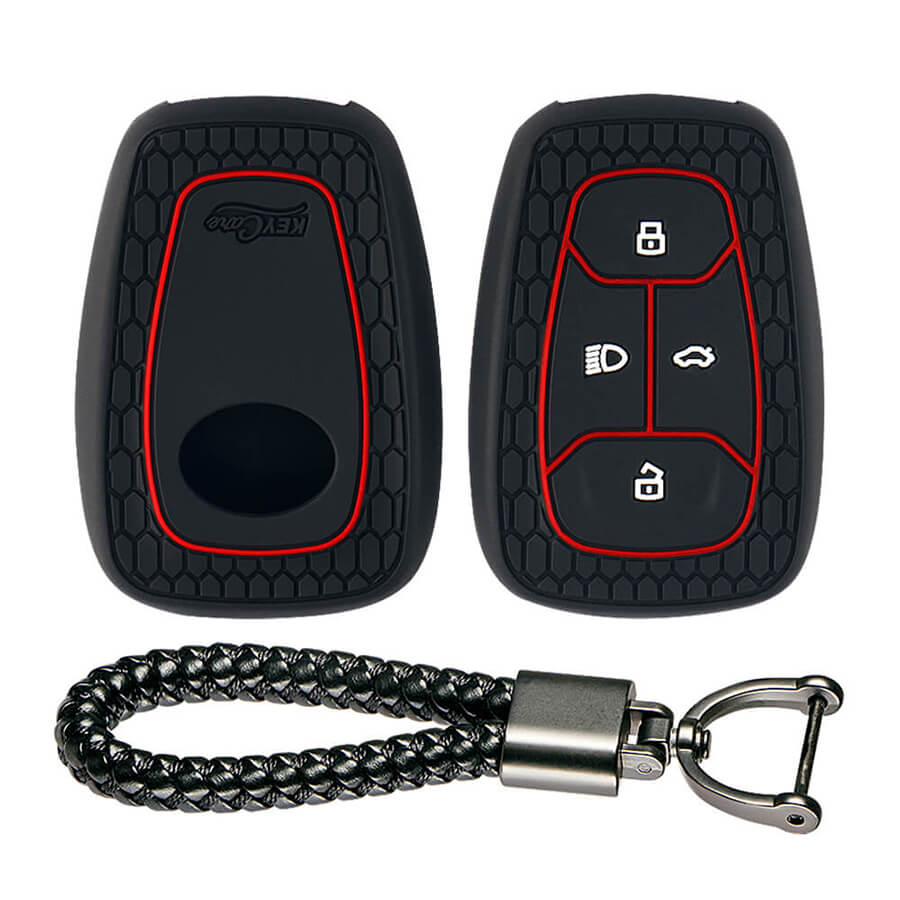 Keycare silicone key cover and keyring fit for : Tata Nexon, Altroz, Harrier, Tigor Bs6, Safari Gold, Punch, Tigor Ev, Safari 2021 4 button smart key (KC-08, Leather Thread Keyring) - Keyzone