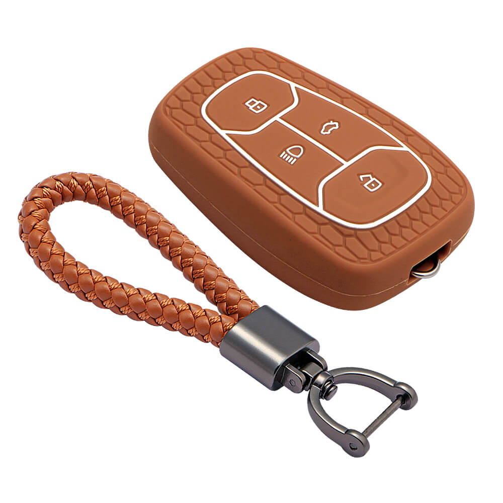 Keycare silicone key cover and keyring fit for : Tata Nexon, Altroz, Harrier, Tigor Bs6, Safari Gold, Punch, Tigor Ev, Safari 2021 4 button smart key (KC-08, Leather Thread Keyring) - Keyzone