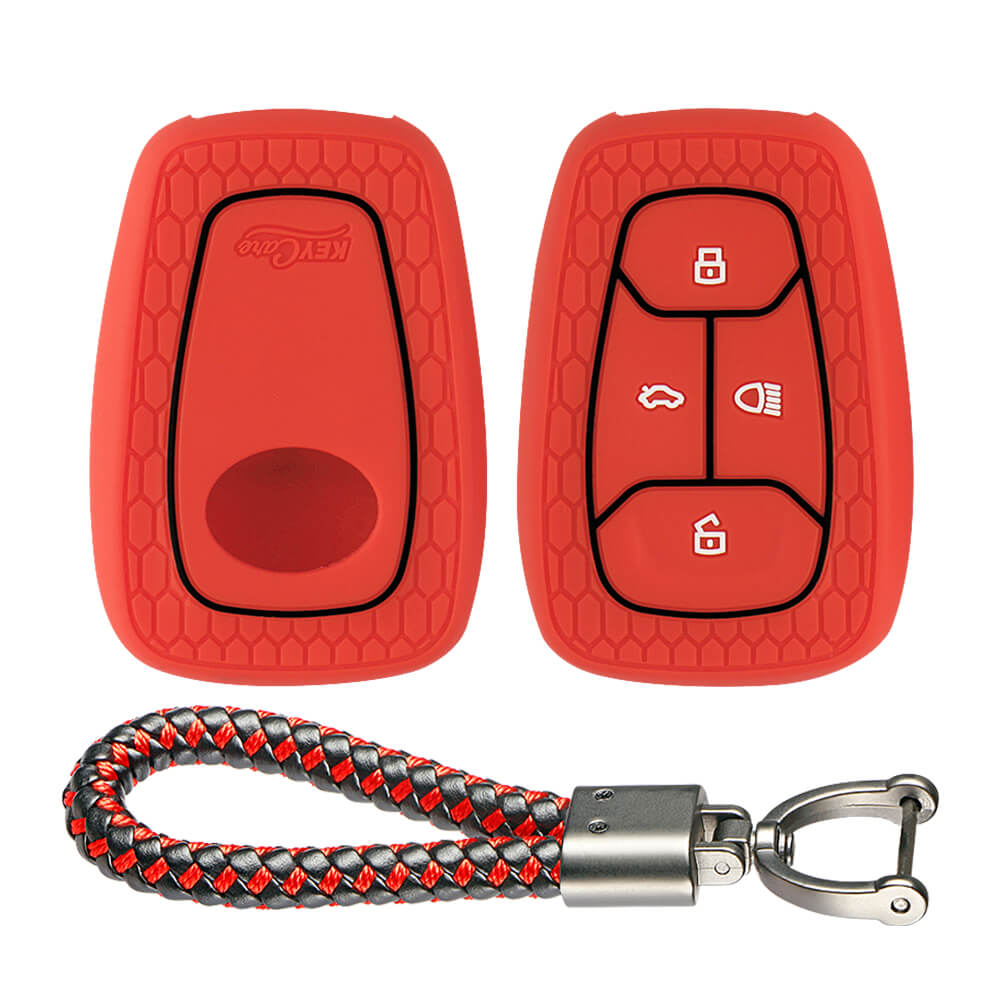 Keycare silicone key cover and keyring fit for : Tata Nexon, Altroz, Harrier, Tigor Bs6, Safari Gold, Punch, Tigor Ev, Safari 2021 4 button smart key (KC-08, Leather Thread Keyring) - Keyzone