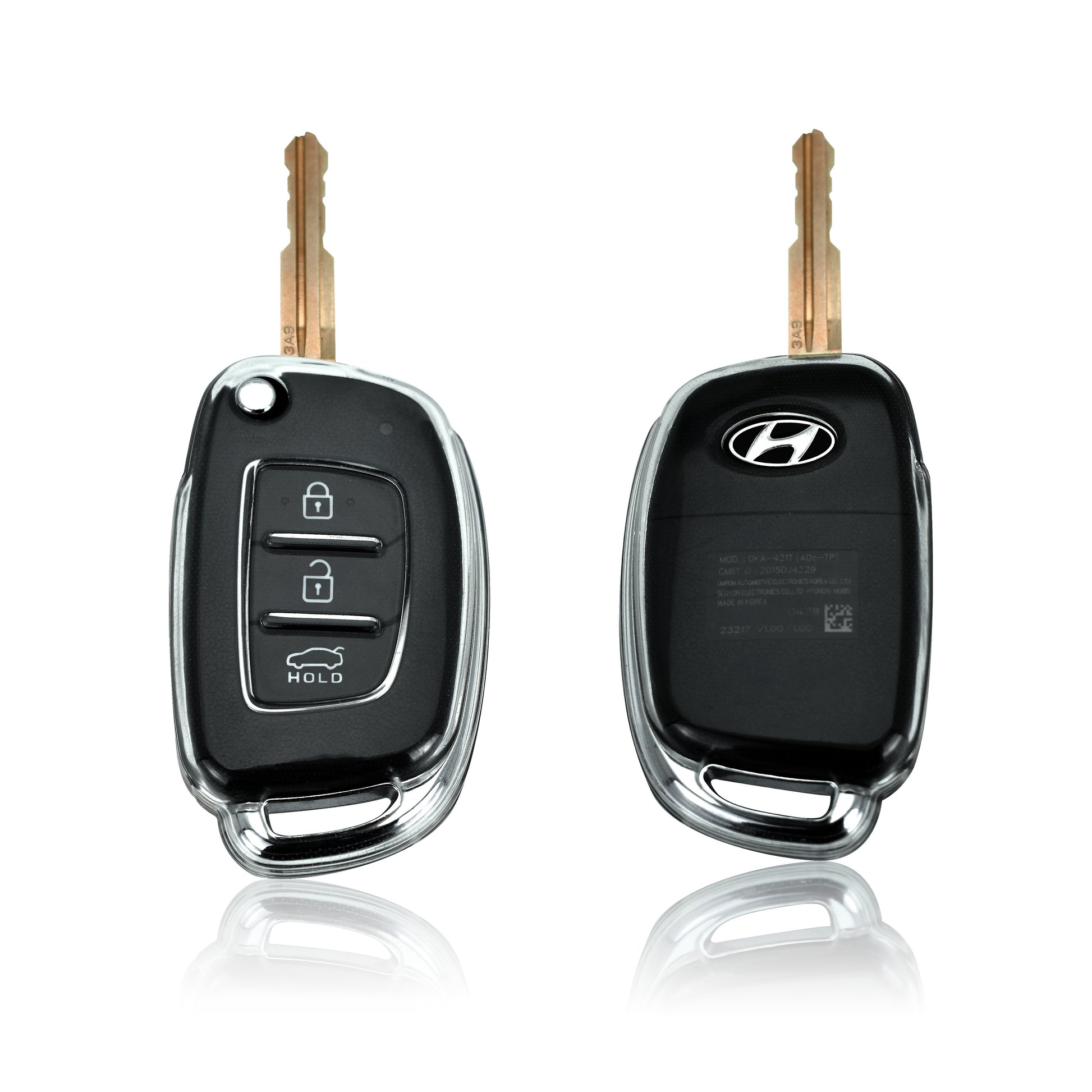 Keyzone clear TPU key cover and diamond keychain fit for: Creta, I20 2020, I20 Elite, I20 Active, Grand I10, Aura, Xcent 19 Onwards, Venue flip key (CLTP10+KH08) - Keyzone