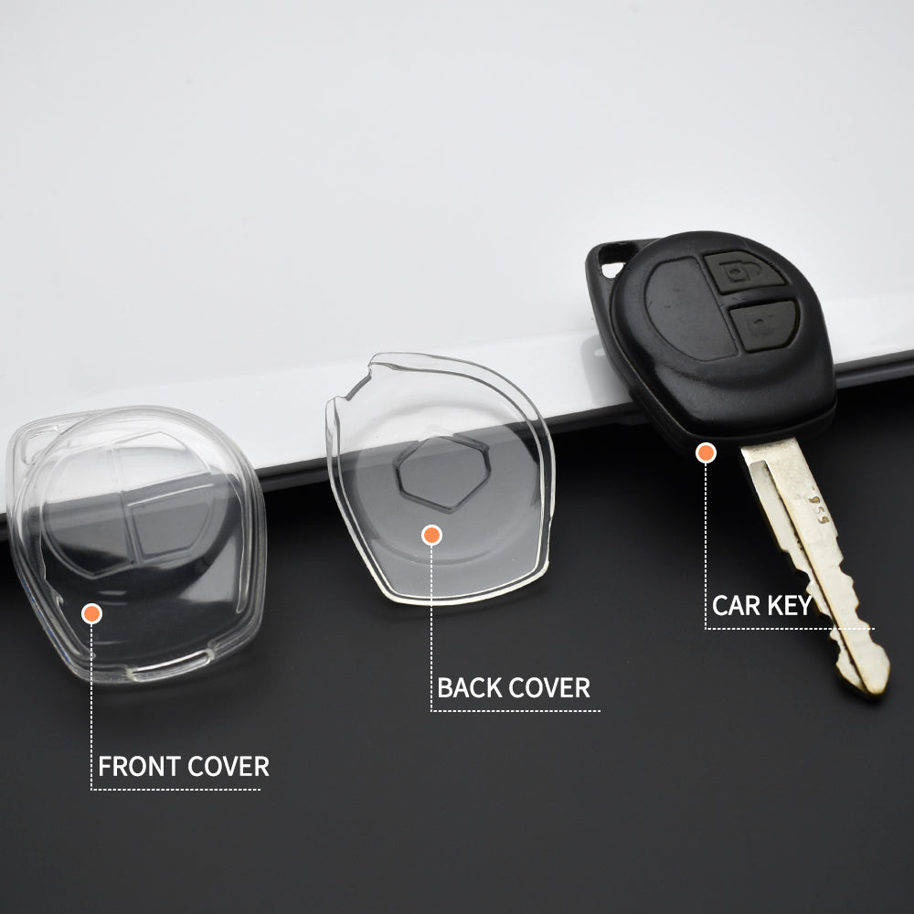 Keyzone clear TPU key cover & diamond keychain for: Fronx, Jimny, Swift, Dzire, XL6, Ignis, Grand Vitara, Brezza, WagonR, Vitara Brezza, Celerio, Ertiga, Ciaz, Scross, Baleno, Alto, SPresso, Alto K10, SX4, Ritz 2b remote key (CLTP23+KH08) - Keyzone