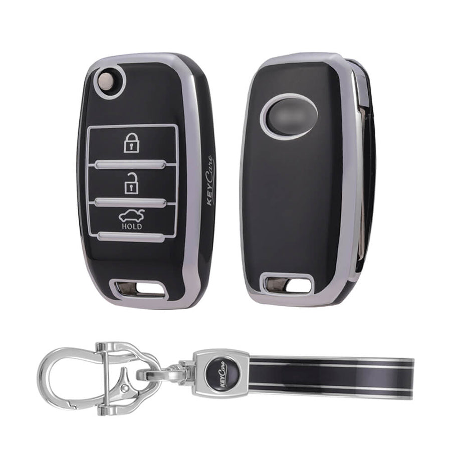 Keycare TPU Key Cover and Keychain For Kia : Seltos, Sonet, Carens 3 Button Flip Key (TP35) - Keyzone