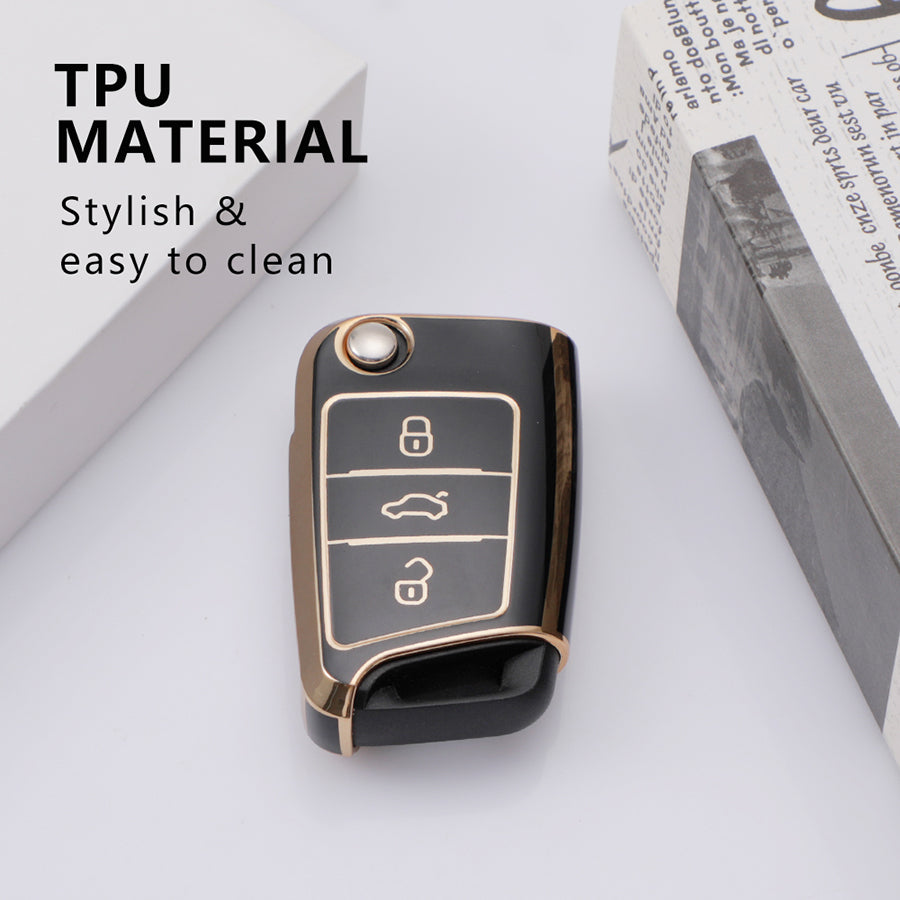 Keyzone TPU Key Cover For Volkswagen : Virtus, Tiguan, T-Roc, Taigun, New Jetta 3 Button Flip Key (TP44) - Keyzone